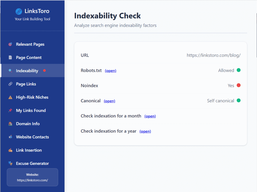 LinksToro Indexability Check
