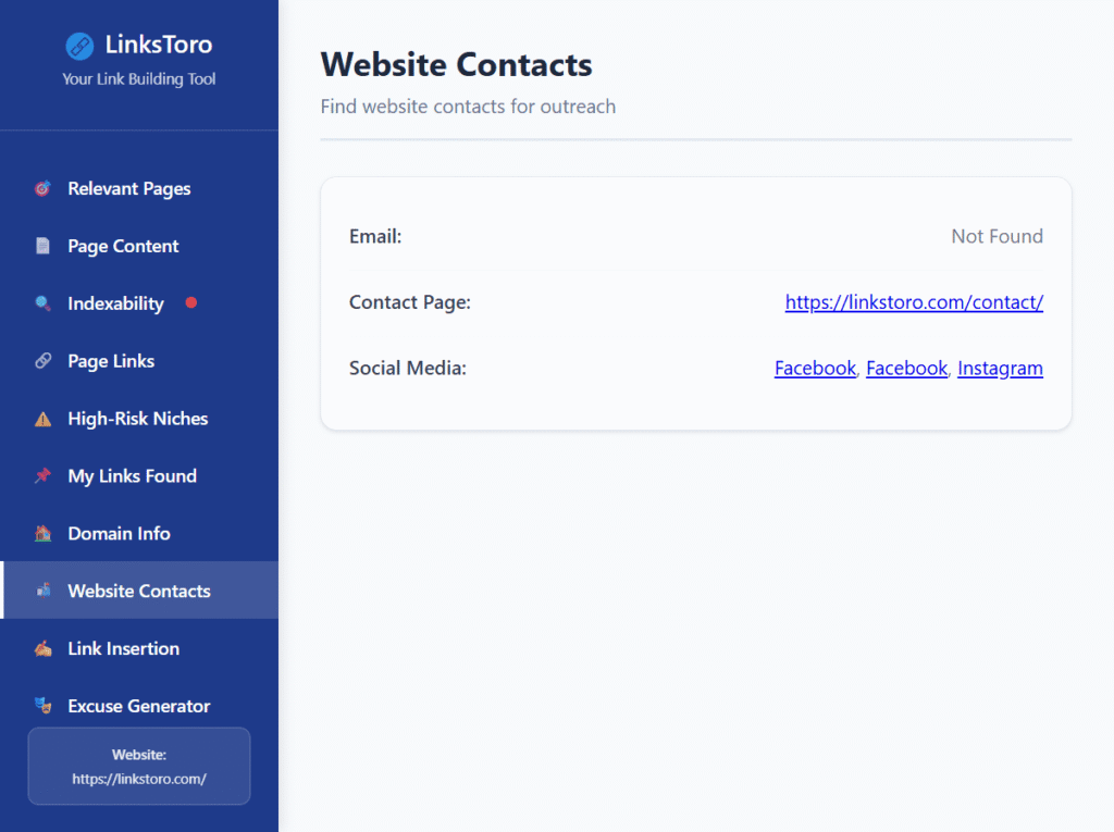 LinksToro Website Contacts