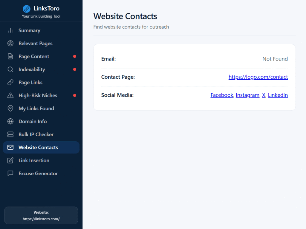 LinksToro Website Contacts